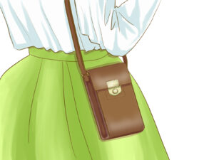 スマホショルダーを方からかけている女性のイラスト